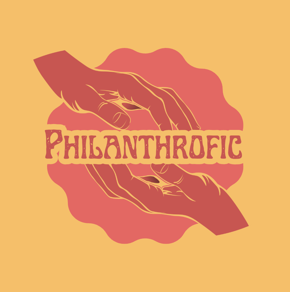 Philanthrofic logo, two hands n a dark red one above and one below the word Philanthrofic in a red circle on a yellow background